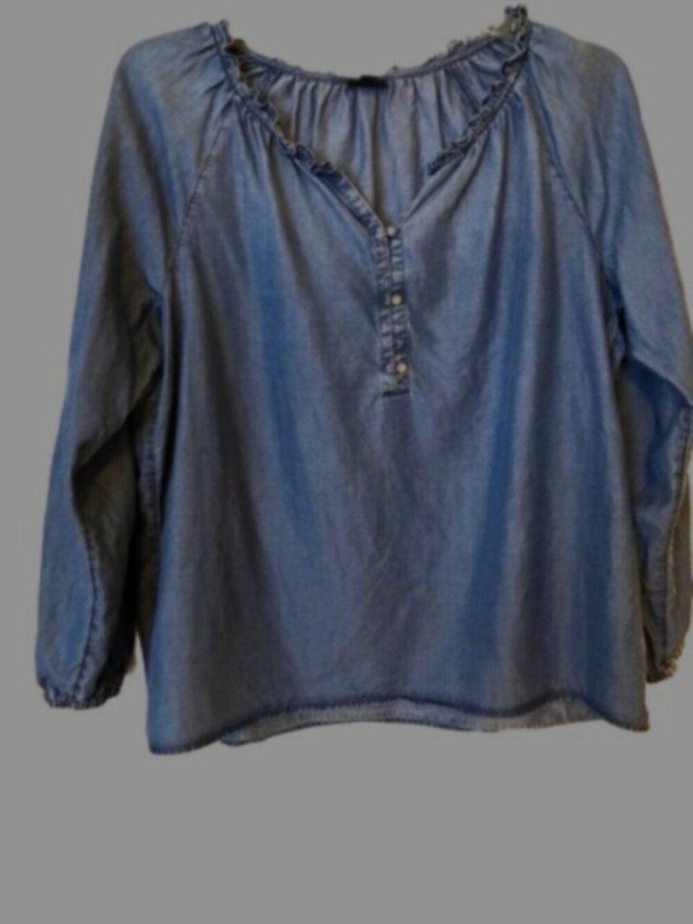 J. Jill Denim Brand Blue Blouse with Ruffle Neck & Button Detail Women's Large